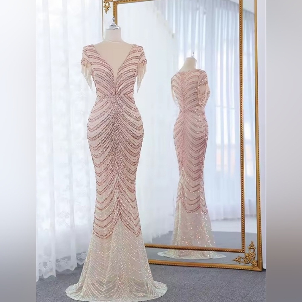Gold, Chevron Print, Sequined Mermaid Gown, Custom Handmade - Picture 14 of 15